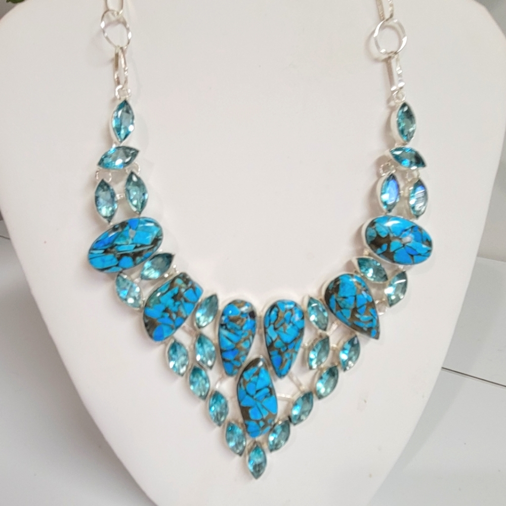 NWT 935 Genuine blue copper turqoise & topaz necklace. Artisan Boho STERLING SIL